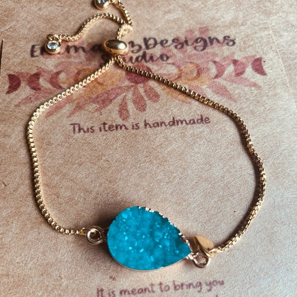 ✨Artisan Turquoise Quartz Druzy & 18k Gold Adjustable Bracelet ✨Handmade✨ - Picture 5 of 7
